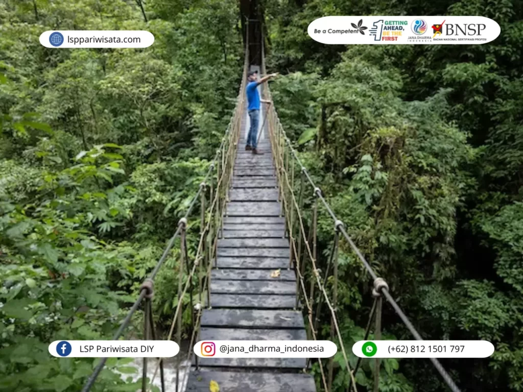 seorang pemandu ekowisata sedang menyeberangi jembatan di dalam hutan, berikut prinsip dalam kegiatan ekowisata